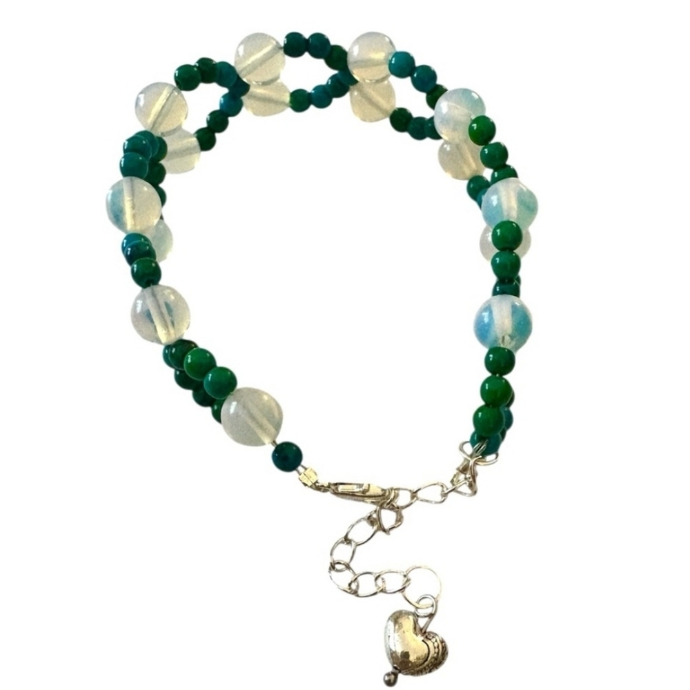 Opalite and Crysocolla Hand Beaded Bracelet with Adjustable Sizing Closure.